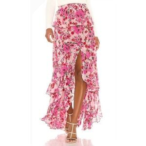 NWT MISA Los Angeles Lucia Pink Floral Ruffle High-Low Maxi Skirt Small